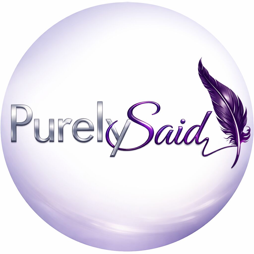 Logo with the words 'Purely Said' and a purple feather, on a white circular background.