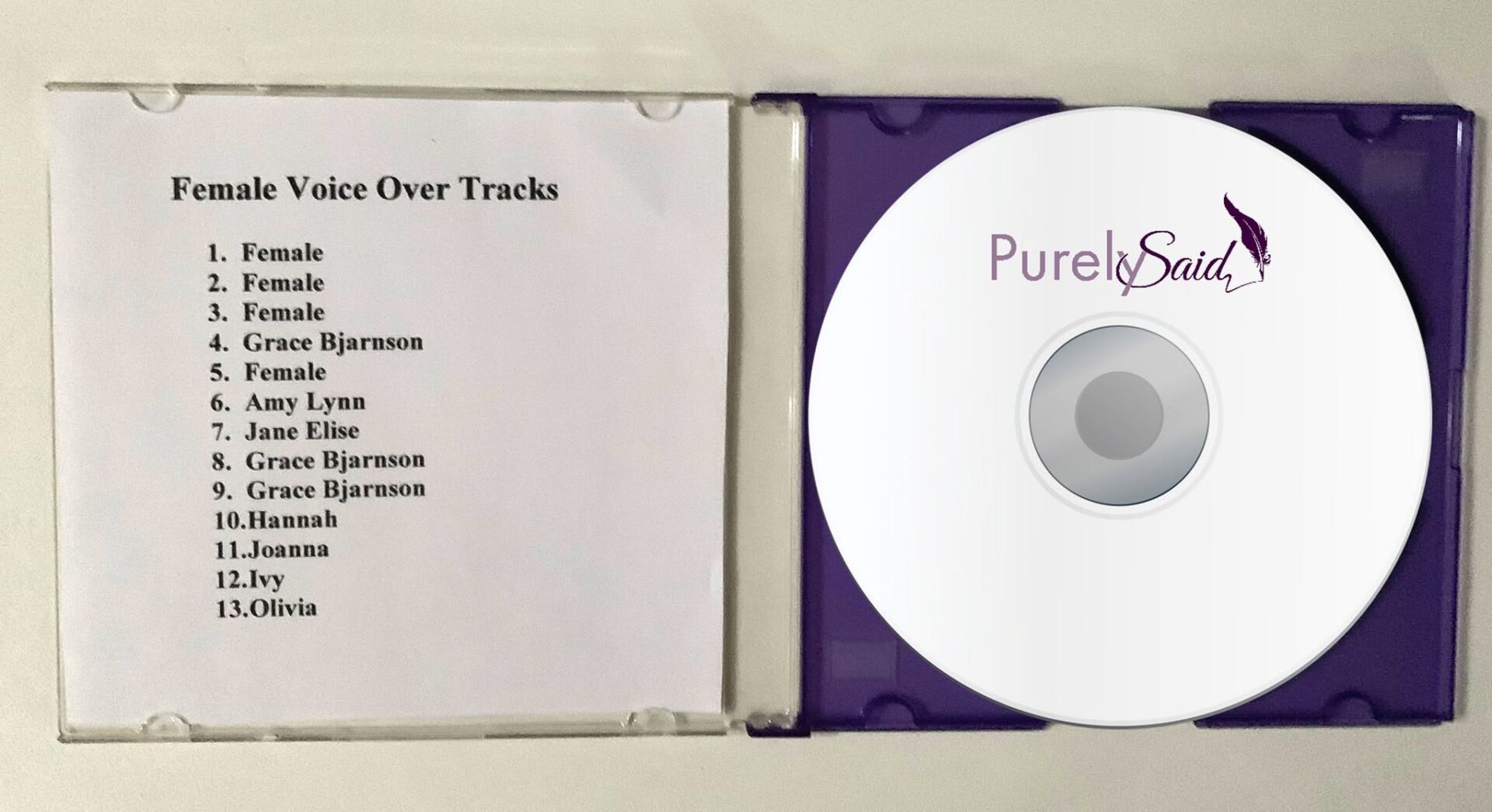 Tracklist with female names and titles, CD in purple case, label reads 'Purely Said'.