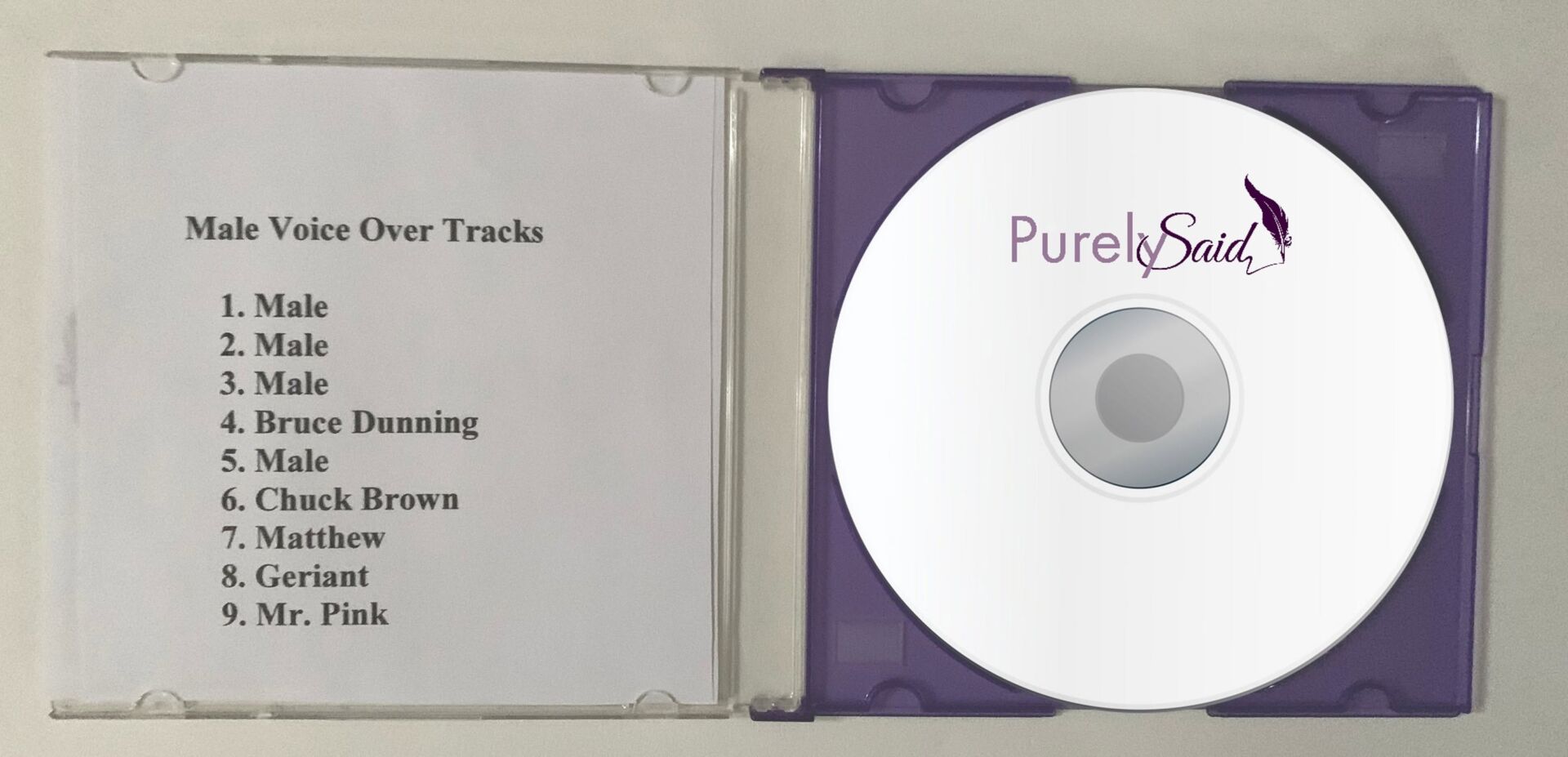 Open CD case showing a list of male voice over tracks and a CD with 'Purely Said' label.